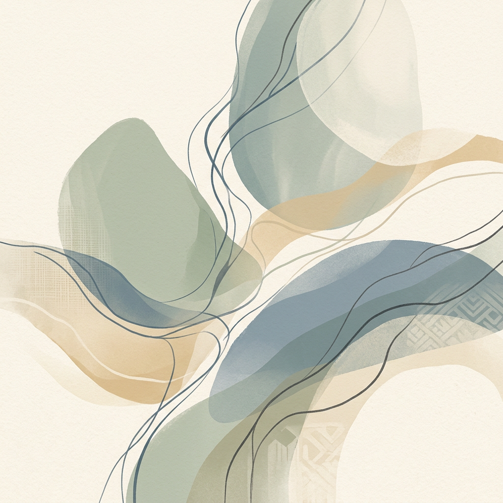 Abstract composition of layered muted shapes and flowing lines