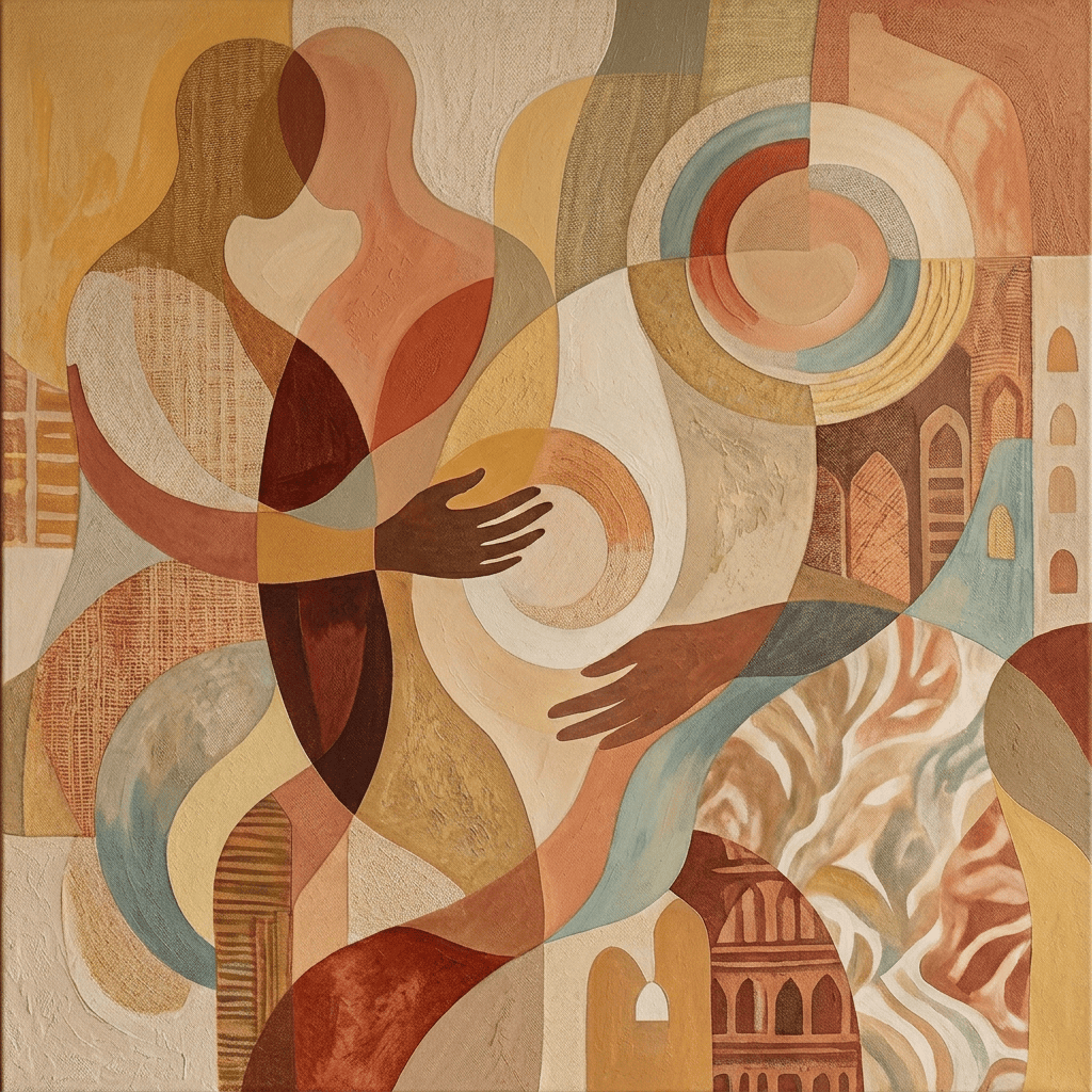 Abstract painting of overlapping figures, hands, arches, and circular forms