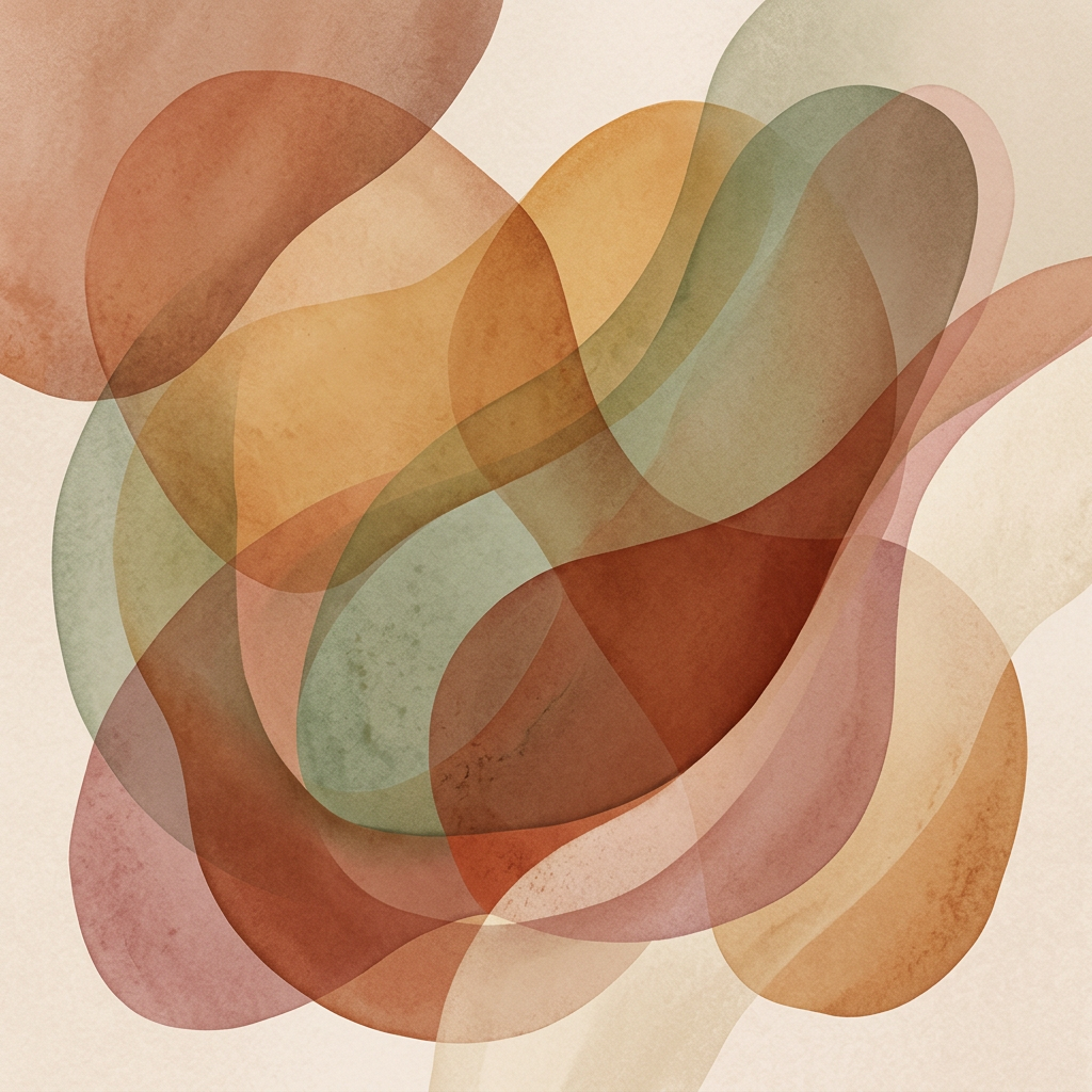 Overlapping translucent organic shapes in muted earthy colors