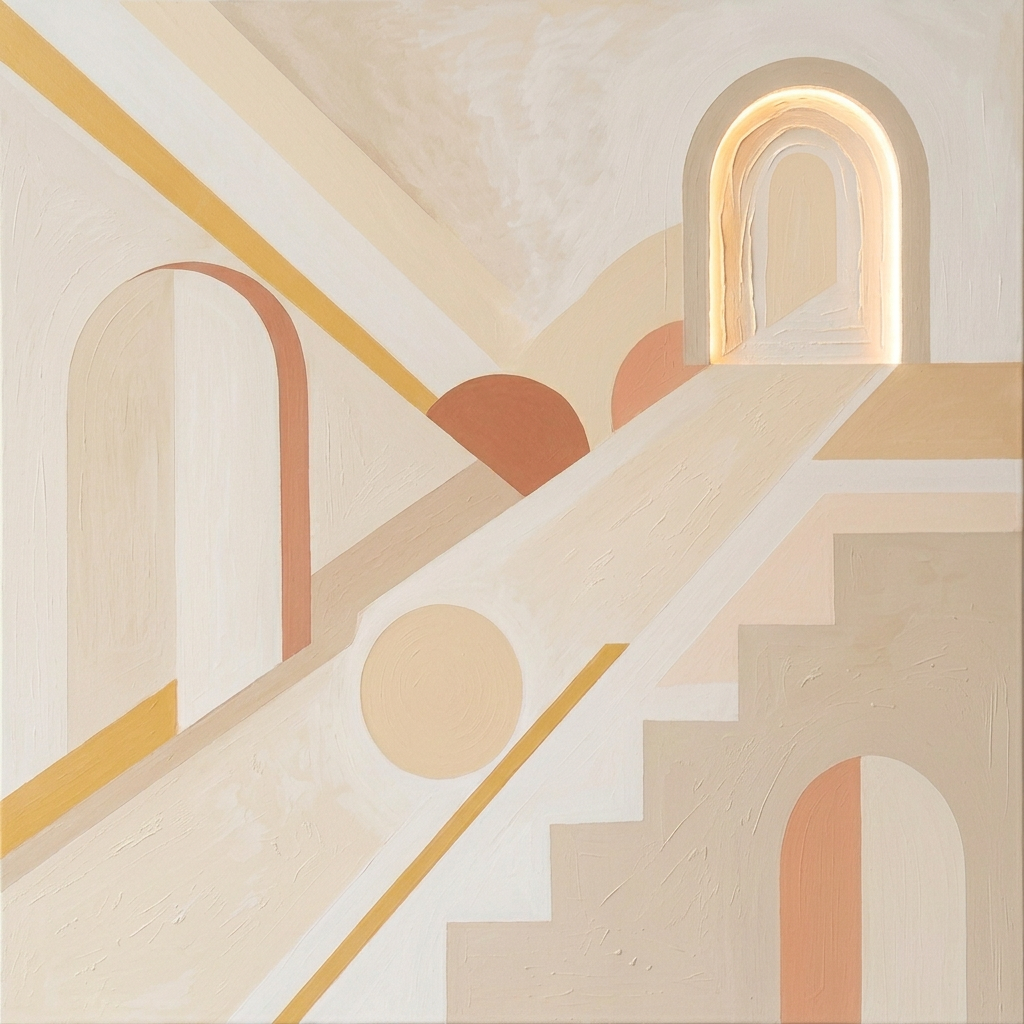 Abstract geometric painting with arches, pathways, stairs, and muted green tones
